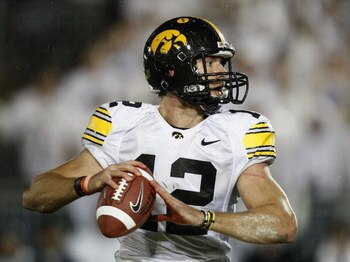 STATE COLLEGE, PA - SEPTEMBER 26:  Ricky Stanzi #12 of the Iowa Hawkeyes throws a pass while playing the Penn State Nittnay Lions on September 26, 2009 at Beaver Stadium in State College, Pennsylvania. Iowa won the game 21-10. (Photo by Gregory Shamus/Get