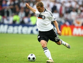 KLAGENFURT, AUSTRIA - JUNE 12: Lukas Podolski of Germany runs with the ball during the UEFA EURO 2008 Group B match between Croatia and Germany at Worthersee Stadion on June 12, 2008 in Klagenfurt, Austria.  (Photo by Martin Rose/Getty Images)