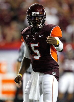 ATLANTA - SEPTEMBER 05:  Quarterback Tyrod Taylor #5 of the Virginia Tech Hokies against the Alabama Crimson Tide during the Chick-fil-A Kickoff Game at Georgia Dome on September 5, 2009 in Atlanta, Georgia.  (Photo by Kevin C. Cox/Getty Images)