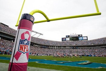 CHARLOTTE, NC - OCTOBER 11:  A general view of Breast Cancer Awareness on the field goal post during the game between the Washington Redskins and Carolina Panthers at Bank of America Stadium on October 11, 2009 in Charlotte, North Carolina.  (Photo by Str
