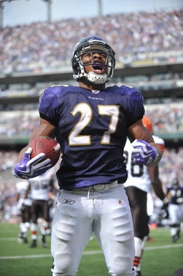 BALTIMORE - SEPTEMBER 27:  Ray Rice #27 of the Baltimore Ravens celebrates his first career touchdown against the Cleveland Browns at M&T Bank Stadium on September 27, 2009 in Baltimore, Maryland. The Ravens defeated the Browns 34-3. (Photo by Larry Frenc