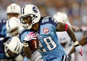 NASHVILLE, TN - OCTOBER 11:  Chris Johnson #28 of the Tennessee Titans runs with the ball during the NFL game against the Indianapolis Colts at LP Field on October 11, 2009 in Nashville, Tennessee.  (Photo by Andy Lyons/Getty Images)