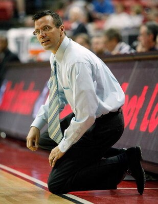 LAS VEGAS - MARCH 11:  Head coach Tim Miles of the Colorado State Rams reacts to a foul called against his team as they take on the Air Force Falcons during the first round of the Conoco Mountain West Conference Basketball Championships at the Thomas & Ma