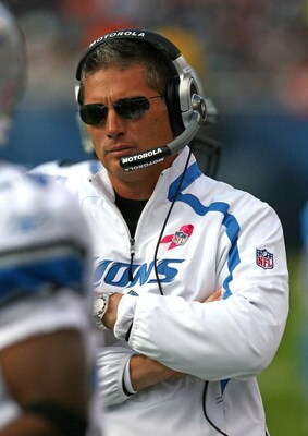 CHICAGO - OCTOBER 04: Head coach Jim Schwartz of the Detroit Lions watches the final minutes of a game against the Chicago Bears on October 4, 2009 at Soldier Field in Chicago, Illinois. The Bears defeated the Lions 48-24. (Photo by Jonathan Daniel/Getty 