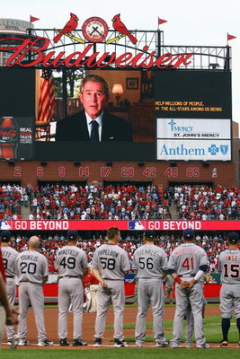 ST. LOUIS, MO - JULY 14: General view as American League All-Stars watch former President George W. Bush speak on the video board before the 2009 MLB All-Star Game at Busch Stadium on July 14, 2009 in St Louis, Missouri. (Photo by Jamie Squire/Getty Imag