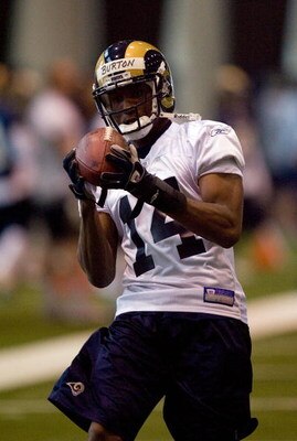 EARTH CITY, MO - MAY 9: Keenan Burton #14 of the St. Louis Rams hauls in a pass during a mini camp on May 9, 2008 at Russell Athletic Training Facility in Earth City, Missouri. (Photo by Dilip Vishwanat/Getty Images)