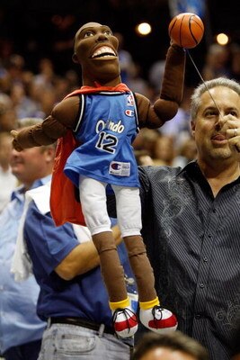 ORLANDO, FL - JUNE 09:  An Orlando Magic fan holds up a Dwight Howard puppet in Game Three of the 2009 NBA Finals against the Los Angeles Lakers on June 9, 2009 at Amway Arena in Orlando, Florida.  NOTE TO USER:  User expressly acknowledges and agrees tha