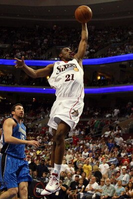 PHILADELPHIA - APRIL 26:  Thaddeus Young #21 of the Philadelphia 76ers goes to the hoop against the Orlando Magic during Game Four of the Eastern Conference Quarterfinals during the 2009 NBA Playoffs at the Wachovia Center on April 26, 2009 in Philadelphi