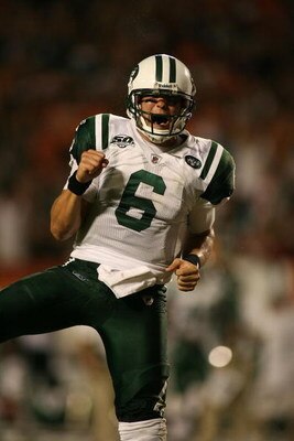 MIAMI - OCTOBER 12:  Quarterback Mark Sanchez #6 of the New York Jets celebrate a touchdown against the Miami Dolphins at Land Shark Stadium on October 12, 2009 in Miami, Florida. Miami defeated New York 31-27.  (Photo by Marc Serota/Getty Images)
