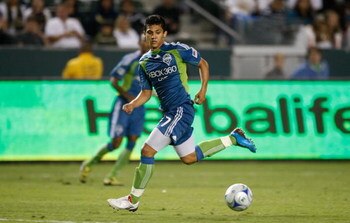 CARSON, CA - AUGUST 15:  Fredy Montero #17 of the Seattle Sounders FC runs with the ball against the Los Angeles Galaxy at the Home Depot Center on August 15, 2009 in Carson, California. Sounders FC defeated the Galaxy 2-0.  (Photo by Jeff Gross/Getty Ima