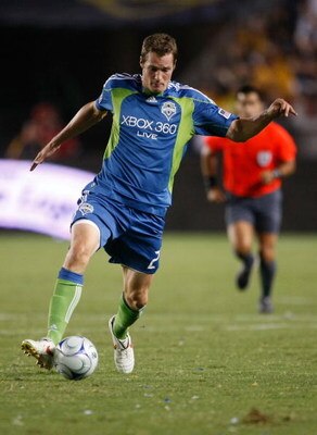 CARSON, CA - AUGUST 15:  Nate Jaqua #21 of the Seattle Sounders FC runs with the ball against the Los Angeles Galaxy at the Home Depot Center on August 15, 2009 in Carson, California. Sounders FC defeated the Galaxy 2-0.  (Photo by Jeff Gross/Getty Images