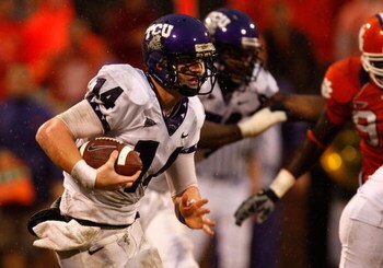 CLEMSON, SC - SEPTEMBER 26:  Andy Dalton #14 of the TCU Horned Frogs runs with the ball against the Clemson Tigers during their game at Memorial Stadium on September 26, 2009 in Clemson, South Carolina.  (Photo by Streeter Lecka/Getty Images)