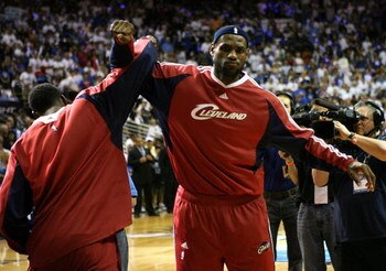 ORLANDO, FL - MAY 30: LeBron James #23 of the Cleveland Cavaliers locks arms with teammate Ben Wallace #4 before Game Six of the Eastern Conference Finals against the Orlando Magic during the 2009 Playoffs at Amway Arena on May 30, 2009 in Orlando, Florid