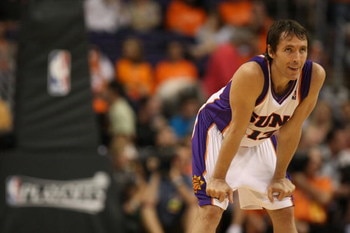 PHOENIX - APRIL 25:  Steve Nash #13 of the Phoenix Suns looks on near the end the game against the San Antonio Spurs during Game Three of the Western Conference Quarterfinals during the 2008 at NBA Playoffs at the at U.S. Airways Center on April 25, 2008.