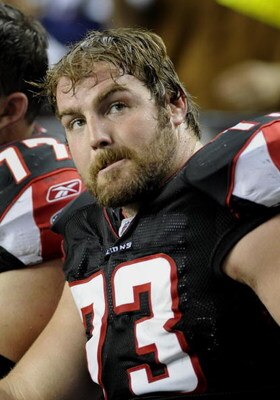 ATLANTA - NOVEMBER 23: Guard Harvey Dahl #73 of the Atlanta Falcons watches play against the Carolina Panthers at the Georgia Dome on November 23, 2008 in Atlanta, Georgia.  (Photo by Al Messerschmidt/Getty Images) 