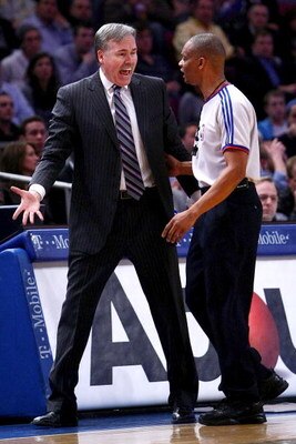 NEW YORK - MARCH 18: Head coach Mike D'Antoni of the New York Knicks argues a call with referee Michael Smith during the game against the New Jersey Nets at Madison Square Garden March 18, 2009 in New York City. NOTE TO USER: User expressly acknowledges a