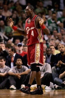 BOSTON - MAY 6:  Ben Wallace #4 of the Cleveland Cavaliers reacts in the game against the Boston Celtics in Game One of the Eastern Conference Semifinals during the 2008 NBA Playoffs on May 6, 2008 at TD Banknorth Garden in Boston, Massachusetts.  The Cel