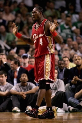 BOSTON - MAY 6:  Ben Wallace #4 of the Cleveland Cavaliers reacts in the game against the Boston Celtics in Game One of the Eastern Conference Semifinals during the 2008 NBA Playoffs on May 6, 2008 at TD Banknorth Garden in Boston, Massachusetts.  The Cel