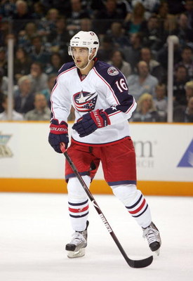 SAN JOSE, CA - OCTOBER 08: Derick Brassard #16 of the Columbus Blue Jackets in action during their game against the San Jose Sharks at HP Pavilion on October 8, 2009 in San Jose, California. (Photo by Ezra Shaw/Getty Images)