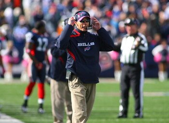 ORCHARD PARK, NY - OCTOBER 11: Head Coach Dick Jauron of the Buffalo Bills speaks into this headset during their NFL game against the Cleveland Browns at Ralph Wilson Stadium on October 11, 2009 in Orchard Park, New York. The Browns defeated the Bills 6-3