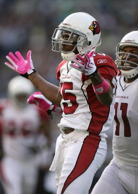 SEATTLE - OCTOBER 18: Wide receiver Steve Breaston #15 of the Arizona Cardinals is congratulated by Larry Fitzgerald #11 after scoring a touchdown in the third quarter against the Seattle Seahawks on October 18, 2009 at Qwest Field in Seattle, Washington.
