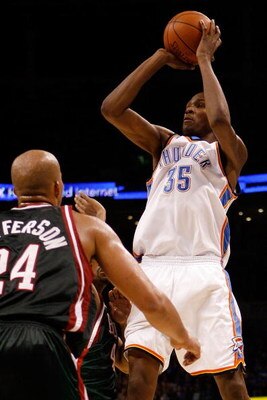 OKLAHOMA CITY - OCTOBER 29:  Kevin Durant #35 of the Oklahoma City Thunder makes a shot over Richard Jefferson #24 of the Milwaukee Bucks at the Ford Center October 29, 2008 in Oklahoma City, Oklahoma. The Bucks defeated the Thunder 98-87.  NOTE TO USER: 
