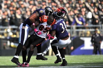 BALTIMORE - OCTOBER 11:  Chad Ochocinco #85 of the Cincinnati Bengals loses his helmet after an interference call during the game against the Baltimore Ravens at M&T Bank Stadium on October 11, 2009 in Baltimore, Maryland. The Bengals defeated the Ravens 