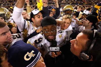 ATLANTA - OCTOBER 17:  Quarterback Josh Nesbitt #9 of the Georgia Tech Yellow Jackets is interviewed by ESPN Radio on the field after their 28-23 win over the Virginia Tech Hokies at Bobby Dodd Stadium on October 17, 2009 in Atlanta, Georgia.  (Photo by K