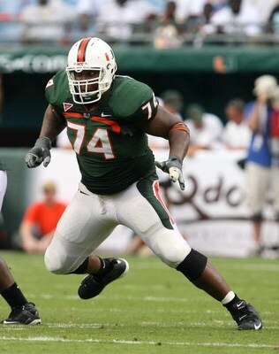 MIAMI - OCTOBER 25:  Offensive lineman Orlando Franklin #74 of the Miami Hurricanes drops back to block while taking on the Wake Forest Demon Decons at Dolphin Stadium on October 25, 2008 in Miami, Florida. Miami defeated Wake Forest 16-10.  (Photo by Dou