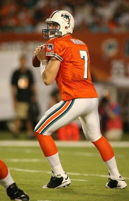 MIAMI - OCTOBER 12:  Quarterback Chad Henne #7 of the Miami Dolphins throws against the New York Jets f prior to at Land Shark Stadium on October 12, 2009 in Miami, Florida. Miami defeated New York 31-27.  (Photo by Marc Serota/Getty Images)