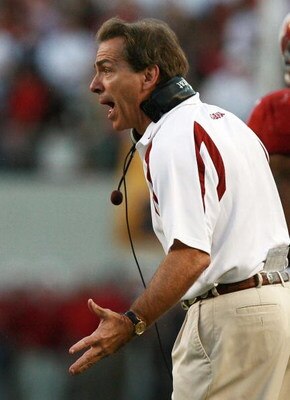 TUSCALOOSA, AL - NOVEMBER 03:  Head coach Nick Saban of the Alabama Crimson Tide yells out to his players while taking on the LSU Tigers at Bryant-Denny Stadium on November 3, 2007 in Tuscaloosa, Alabama.  (Photo by Doug Benc/Getty Images)