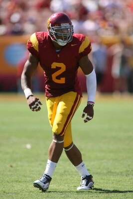LOS ANGELES, CA - SEPTEMBER 5:  Taylor Mays #2 of the USC Trojans eyes the play against the San Jose State Spartans on September 5, 2009 at the Los Angeles Memorial Coliseum in Los Angeles, California.  USC won 56-3.  (Photo by Jeff Golden/Getty Images)