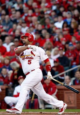ST. LOUIS , MO - OCTOBER 10:  :  Albert Pujols #5 of the St. Louis Cardinals in Game Three of the NLDS during the 2009 MLB Playoffs at Busch Stadium on October 10, 2009 in St. Louis, Missouri.  (Photo by Ronald Martinez/Getty Images)