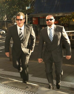SYDNEY, AUSTRALIA - APRIL 27:  NRL player Greg Bird (L) and his defence lawyer Les Nicholls arrive at Sydney Downing Centre Local Court on April 27, 2009 in Sydney, Australia. Bird faced charges of reckless wounding, public mischief, and making false accu