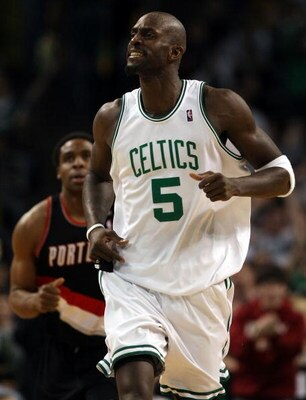BOSTON - DECEMBER 05:  Kevin Garnett #5 of the Boston Celtics celebrates his shotl in the second half against the Portland Trail Blazers on December 5, 2008 at TD Banknorth Garden in Boston, Massachusetts. The Celtics defeated the Trail Blazers 93-78.  NO