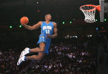 LAS VEGAS - FEBRUARY 17:  Dwight Howard of the Orlando Magic participates in the Sprite Slam Dunk Competition during NBA All-Star Weekend on February 17, 2007 at Thomas & Mack Center in Las Vegas, Nevada.  NOTE TO USER: User expressly acknowledges and agr