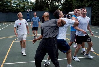 WASHINGTON - OCTOBER 8:  In this handout photo provided by the White House, President Barack Obama plays basketball with cabinet secretaries and members of Congress on the White House court, October 8, 2009 in Washington, D.C.   (Photo by Pete Souza/The W