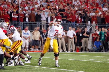 COLUMBUS, OH - SEPTEMBER 12: Quarterback Matt Barkley #7 of the Southern California Trojans passes the ball during the game against the Ohio State Buckeyes on September 12, 2009 at Ohio Stadium in Columbus, Ohio. USC won the game 18-15. (Photo by Gregory 