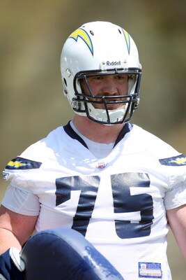 SAN DIEGO - MAY 03: Rookie tackle Corey Clark #75 of the San Diego Chargers looks on during the Chargers Mini-Camp on May 3, 2008 at the Chargers Practice Facility in San Diego, California. (Photo by Donald Miralle/Getty Images)
