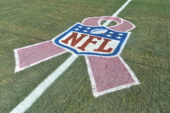 LANDOVER, MD - OCTOBER 4:  The NFL logo showcases Breast Cancer Awareness month before the game between the Washington Redskins and the Tampa Bay Buccaneers at FedExField on October 4, 2009 in Landover, Maryland. Many players and officials in the NFL wore