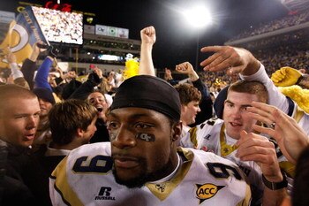 ATLANTA - OCTOBER 17:  Quarterback Josh Nesbitt #9 of the Georgia Tech Yellow Jackets is interviewed by ESPN Radio on the field after their 28-23 win over the Virginia Tech Hokies at Bobby Dodd Stadium on October 17, 2009 in Atlanta, Georgia.  (Photo by K