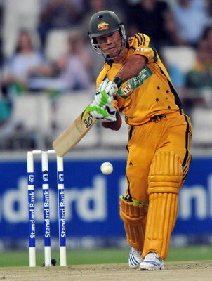 JOHANNESBURG, SOUTH AFRICA - MARCH 27:  Ricky ponting plays straighr up to be dismissed for 1 run during the Standard Bank International Pro20 match between South Africa and Australia played at the Liberty Life Wanderers Stadium on March 27 2009 in Johann