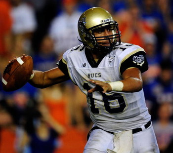 GAINESVILLE, FL - SEPTEMBER 5: Quarterback A.J. Toscano #16 of the Charleston Southern Buccaneers attempts a pass during the game against the Florida Gators at Ben Hill Griffin Stadium on September 5, 2009 in Gainesville, Florida. (Photo by Sam Greenwoo