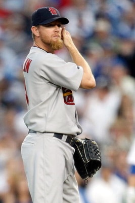 LOS ANGELES, CA - OCTOBER 08:  Ryan Franklin #31 of the St. Louis Cardinals reacts in the ninth inning against the Los Angeles Dodgers before blowing the save in Game Two of the NLDS during the 2009 MLB Playoffs at Dodger Stadium on October 8, 2009 in Los