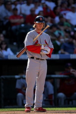 DENVER - SEPTEMBER 27:  Khalil Greene #3 of the St. Louis Cardinals takes an at bat against the Colorado Rockies at Coors Field on September 27, 2009 in Denver, Colorado. The Rockies defeated the Cardinals 4-3.  (Photo by Doug Pensinger/Getty Images)