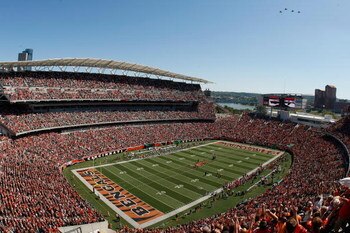 CINCINNATI, OH - SEPTEMBER 13: A general view of Paul Brown Stadium as a fly over takes place during the National Anthem prior to the game between the Denver Broncos against the Cincinnati Bengals at Paul Brown Stadium on September 13, 2009 in Cincinnati,