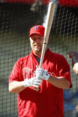 LOS ANGELES, CA - OCTOBER 15:  Matt Stairs #12 of the Philadelphia Phillies takes the field during batting practice prior to Game One of the NLCS against the Los Angeles Dodgers during the 2009 MLB Playoffs at Dodger Stadium on October 15, 2009 in Los Ang