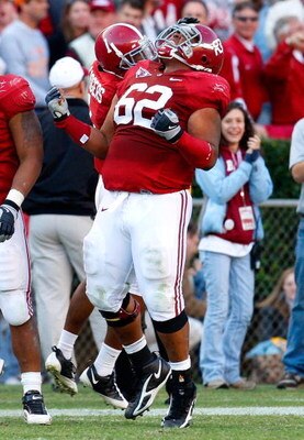 TUSCALOOSA, AL - OCTOBER 24:  Terrence Cody #62 of the Alabama Crimson Tide reacts after blocking a field goal in the first half against the Tennessee Volunteers at Bryant-Denny Stadium on October 24, 2009 in Tuscaloosa, Alabama.  (Photo by Kevin C. Cox/G