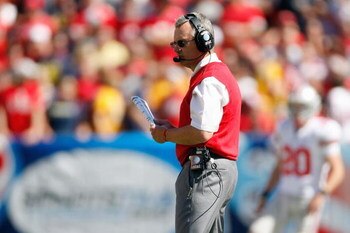 CLEVELAND - SEPTEMBER 19: Head coach Jim Tressel of the Ohio State Buckeyes watches the action during the game against the Toledo Rockets at Cleveland Browns Stadium on September 19, 2009 in Cleveland, Ohio. The Ohio State Buckeyes shutout the Toledo Rock