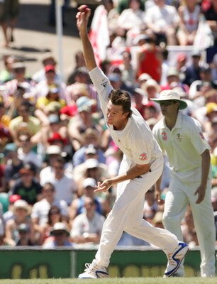 SYDNEY, AUSTRALIA - JANUARY 05: Glenn McGrath of Australia bowls his last test delivery, a wicket, during day four of the fifth Ashes Test Match between Australia and England at the Sydney Cricket Ground on January 5, 2007 in Sydney, Australia. McGrath re